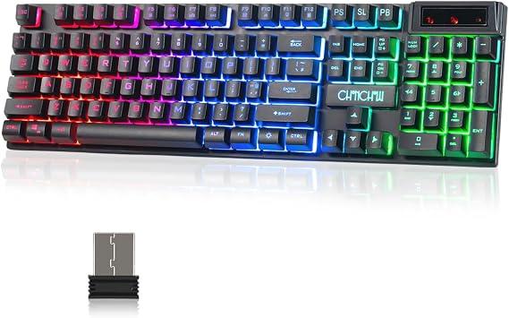Wireless Gaming Keyboard,Rechargeable LED Keyboard,Teclado inalmbrico-Black | 104 Key Rainbow LED Light Up Keyboard for PC PS4 PS5 Xbox One Laptop