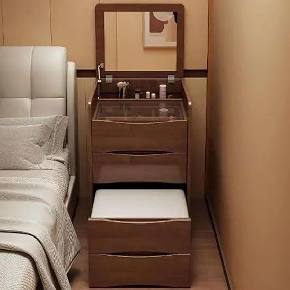 Dressing Table Set with with Flip-top Mirror 3 Large Drawers and Stool Vanity Makeup Table for Bedroom Girl Women Small Makeup Vanity for Small Spaces,Brown-A