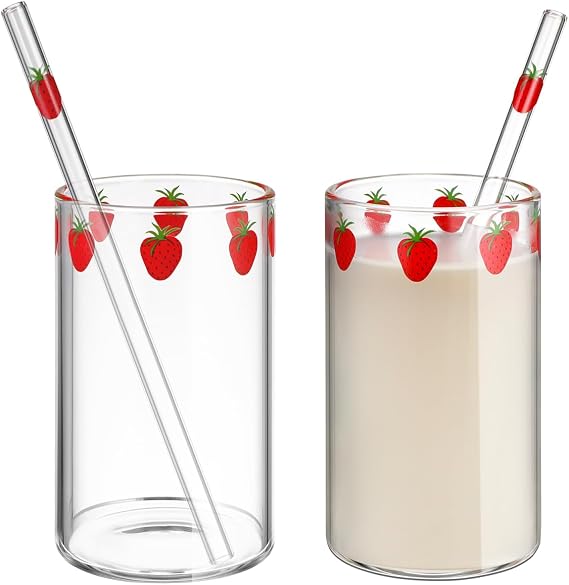 MAGICLULU Strawberry Printed Glass Milk Cup Set of 2 with Straws Clear Juice Cups for Milk Tea Soda and Water Transparent Drinking Cups for Indoor Use 4.33 Oz