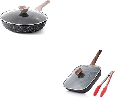 Kordisen Nonstick Grilling Pan with Lid for Stove Tops, 11 Inch Square Grill Pan for Indoor Cooking, Granite Coating Grill Skillet with Pour Spouts, Versatile Griddle, Induction Steak Pan, PFOA Free