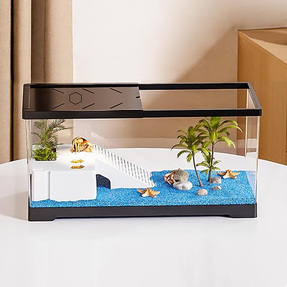 Turtle Fish Tank with Basking Platform and Bottom Drainage, 15.8" x 8" x 8.8" Aquatic Turtle Tank for Juvenile Turtle, Crayfish, Crabs, Amphibians, Reptiles Black color