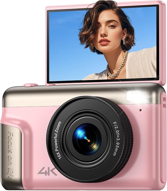 Digital Camera 4K for Photography Vlogging: 64MP Compact Photo Camera for Video 180° Flip Screen 3" Portable Digital Cameras with 16X Digital Zoom for Kids Beginners Adults Pink(SD Card Not Included)