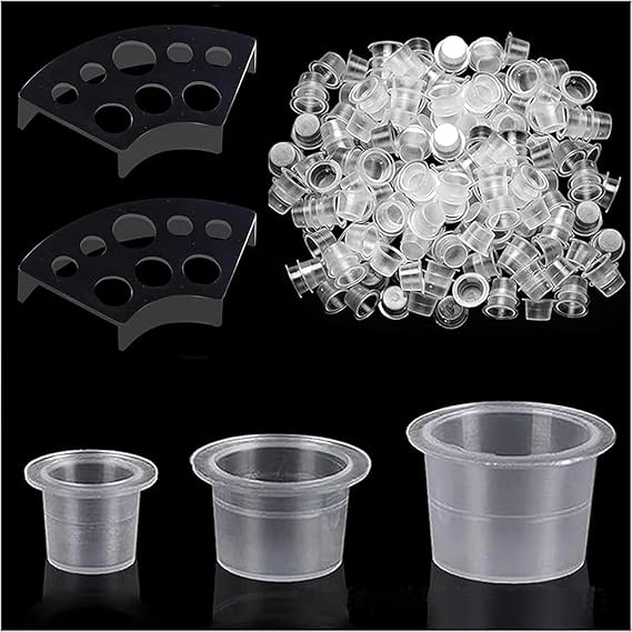 300pcs Tattoo Ink Caps Kit with 2 Cup Holders, 100 Small (8mm), 100 Medium (11mm), 100 Large (15mm) Tattoo Ink Cups, Water Resistant