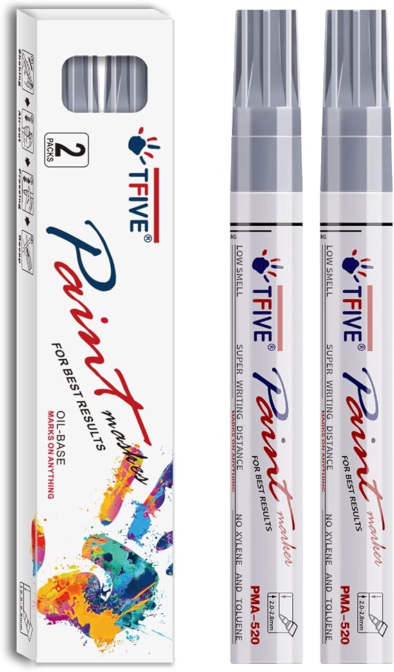 TFIVE Silver Permanent Markers Paint Pens, 2 Pack Oil Based Paint Markers | Metallic, Waterproof, Quick Dry, Never Fade, Medium Tip Marker Pens for Rock, Wood, Metal, Plastic, Canvas, Glass, Rubber