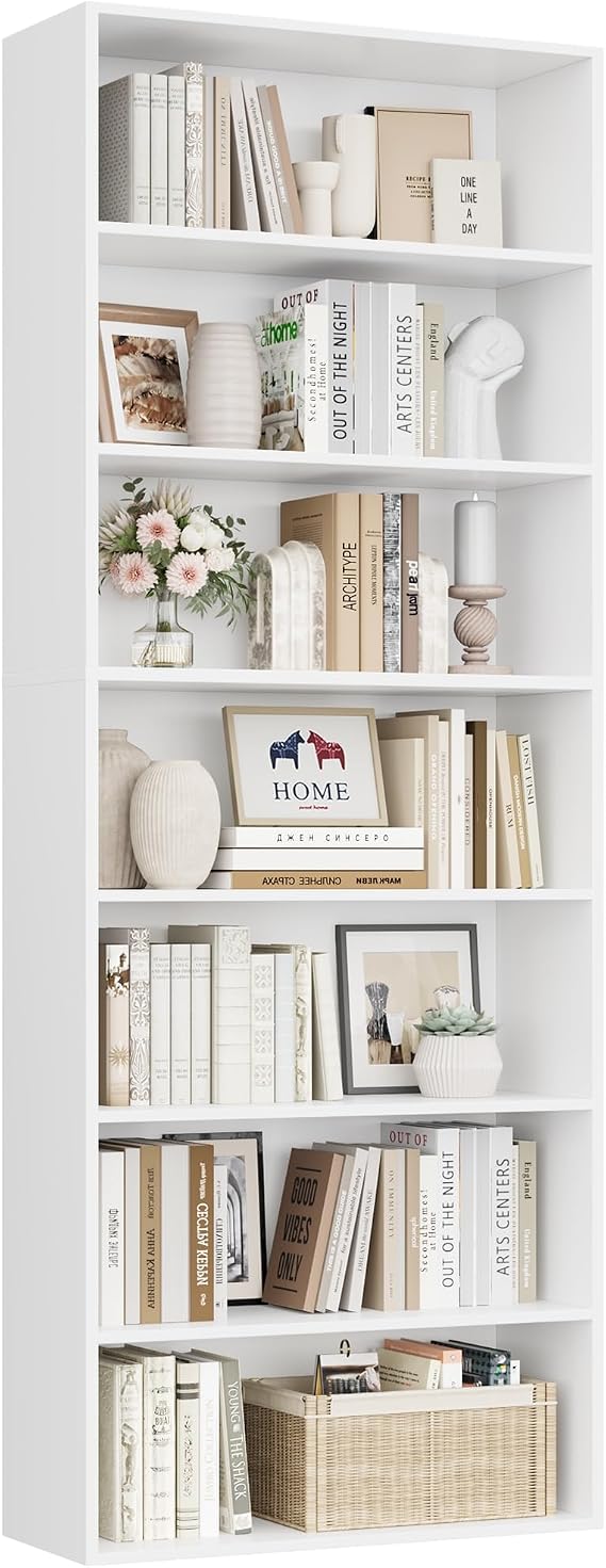 FirFurd Bookcase 7 Tiers Bookshelf 209.5cm Tall Living Room Bookcases White | Free Standing Display Shelf, Wooden Shelving Unit, Book Storage Rack for Home Office, Book Case Unit 60 x 23.5 x 209.5 cm