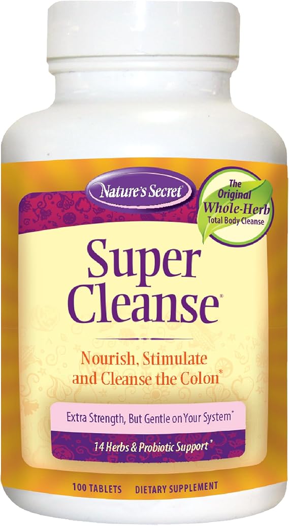 Natures Secret Super Cleanse - Extra Strength Colon Cleanse with 14 Herbs & Probiotic Support - Promotes Gut Health Detox Cleanse & Digestive Support Gentle Elimination Formula - 100 Tablets (1 Pack)