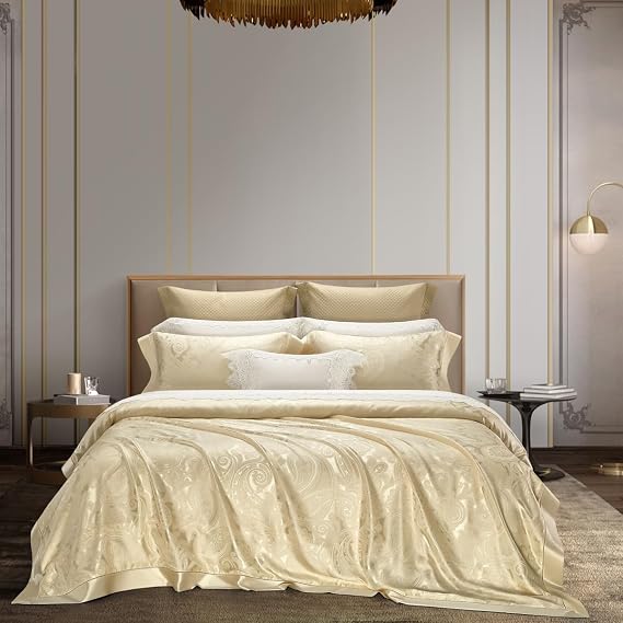 Jacquard 1600TC Sheets Pillowcase Set,100% 25MM Mulberry Silk Duvet Cover Set,All Season Classic Paisley Hollow Out Wide Edge Design (Champagne, Queen (C.N. Standard))