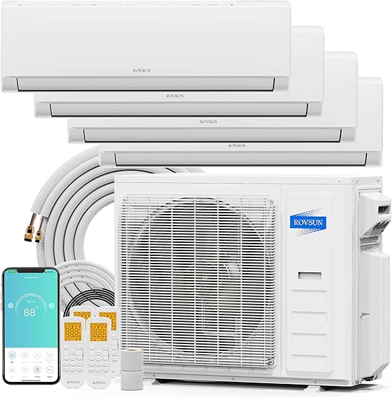 ROVSUN 38000 BTU Quad Zone WIFI Mini Split AC/Heating System, 20 SEER2 4 Zone (9K/9K/9K/9K) BTU Ductless Split Air Conditioner with Pre-Charged Condenser, Heat Pump & 25Ft Line Set, 208-230V