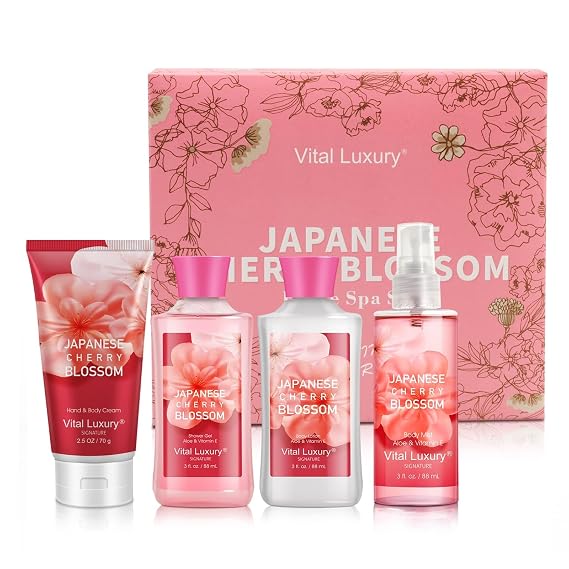 Gift Set for Women 4PC Japanese Cherry Blossom Luxury Spa Kit with Hand Cream, Body Lotion, Shower Gel & Mist, Relaxing Self Care Travel Bath and Body Set for Mom Wife Teens Sister Friends or Her