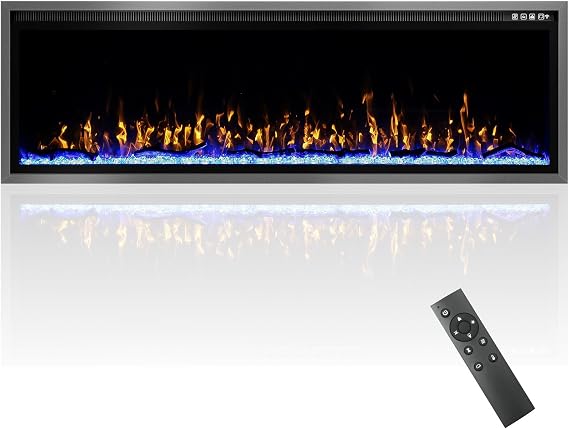 Ludatido 60 Inch Crystal Electric Fireplace with Log&Crystal, Realistic Flame, Touch & Remote Control, Recessed or Wall Mounted, 750/1500W 600 sq.ft Heating Output Fireplace Heater-Ultra
