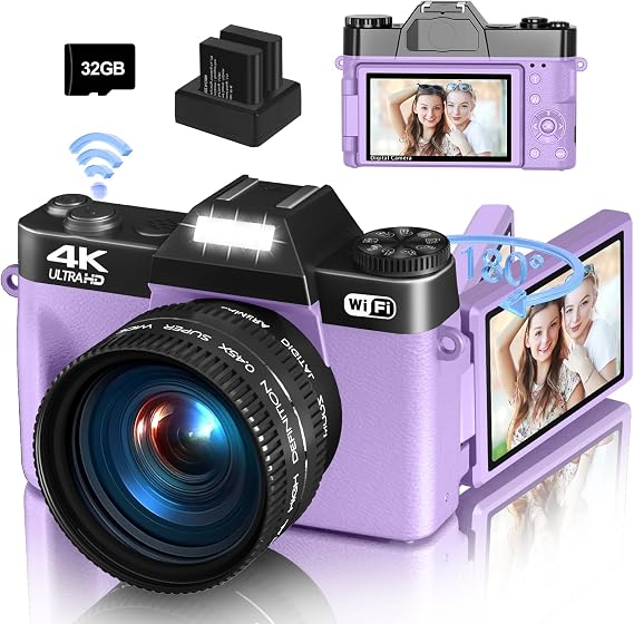 4K Digital Camera for Photography & Vlogging, 56MP YouTube Camera with WiFi | Compact Travel Camera 3" 180 Flip Screen, 16X Digital Zoom, 52mm Wide Angle & Macro Lens, 32GB TF Card, 2 Batteries Purple
