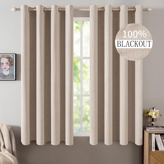 MIULEE Linen Textured Curtains for Bedroom Solid 100% Blackout Thermal Insulated Natural Beige Grommet Room Darkening Curtains & Drapes Luxury Decor for Living Room Nursery 52 x 63 Inch 2 Panels