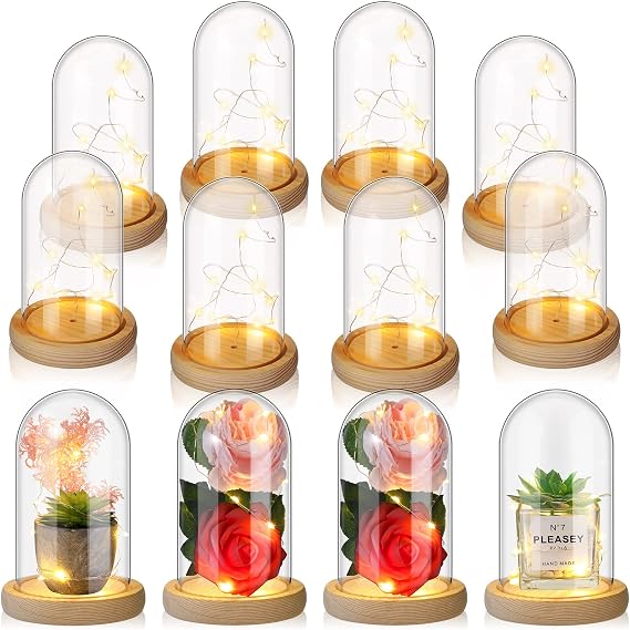 Roowest 12 Pcs Plastic Cloche Dome with Rustic Wood Base and LED Light Plastic Dome Display Case Jar for Wedding Rose Tabletop Centerpiece Decoration