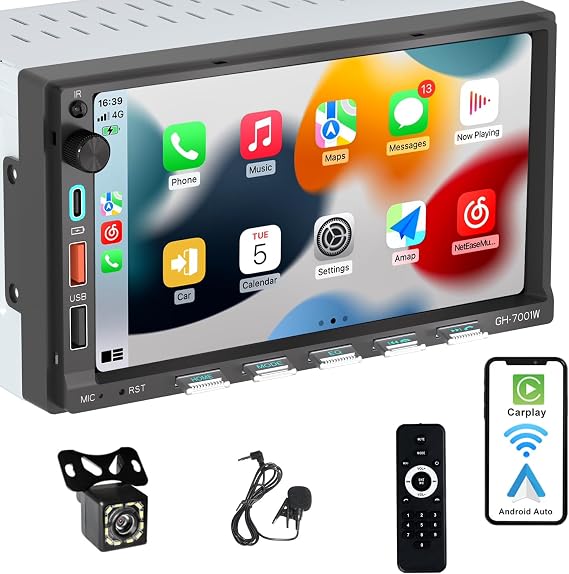 Double Din Car Stereo Compatible with [Wireless] Apple CarPlay Android Auto 7" Touchscreen Bluetooth AM/FM/RDS Radio USB (Fast Charge 3A) Backup Camera