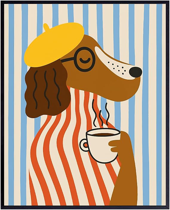 Funky Dog Wall Art Print - The Morning Brew Coffee Bar Decor - 8x10 Unframed Mid Century Modern Kitchen Poster - Cute Animal Art for Pet Lovers Hipster Gift
