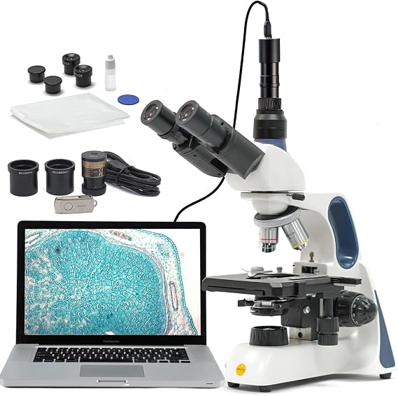 SWIFT Infinity-Corrected Compound Trinocular Microscope, with 5MP Camera,40X-2500X Infinity Achromatic Objectives, Two-Layer Mechanical Stage