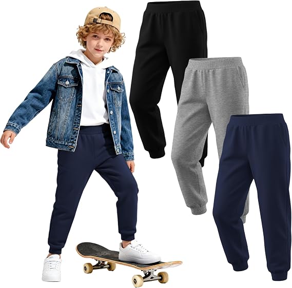 3 Pack Boys' Sweatpants Toddler Athletic Elastic Waist Pants Active Joggers with Pockets