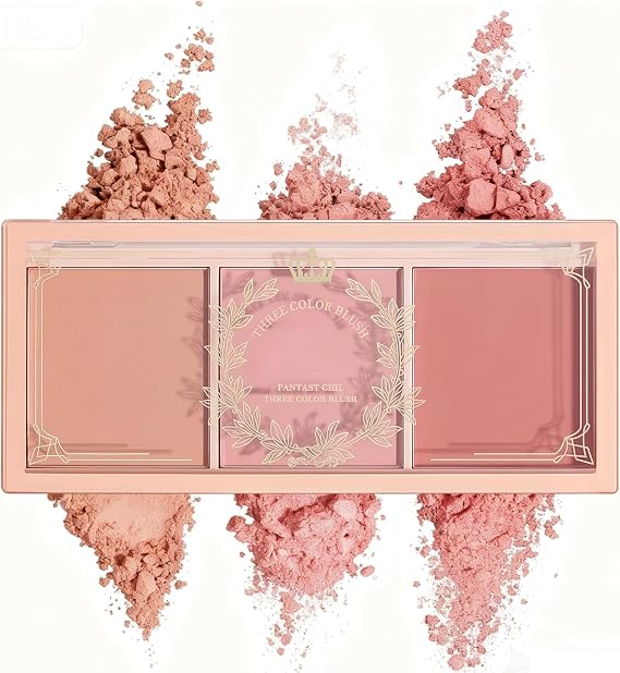 Natural Matte 3-Color Blush Palette with Brush | Blushers for Cheeks Make Up with Blush Powder – Cute Makeup Blusher for Daily/Party Looks, Buildable &amp; Long-Lasting Pigment (Pink)