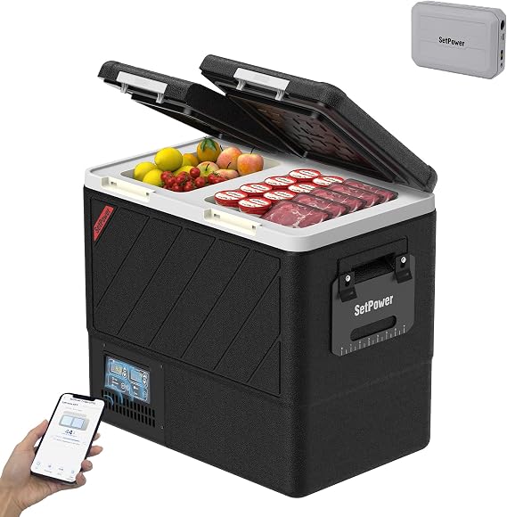 DT55 Portable Refrigerator with PG216 Mobile Power, 59QT(55L) Dual Zone 12 Volt Fridge Freezer with APP Control, Fast Cooling Electric Coolers for Vehicles, Camping, Traveling