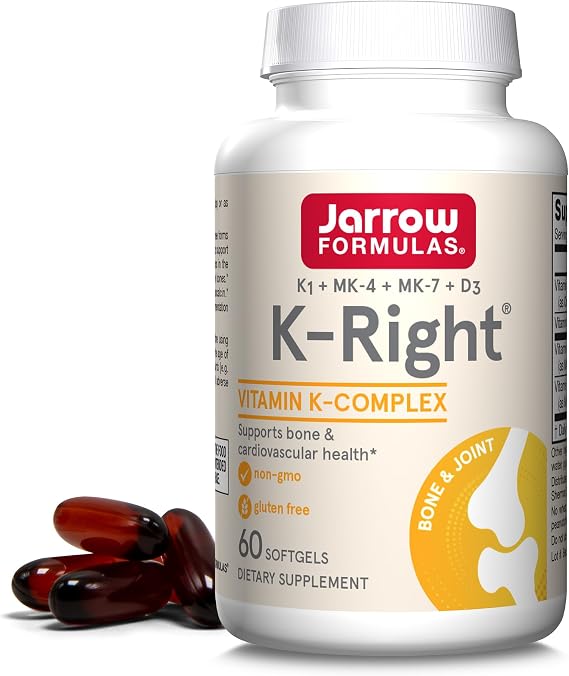 Jarrow K-Right with Vitamin K2 MK-7 and Vitamin D3, 60 Softgels | Dietary Supplement for Bone & Cardiovascular Health Support, Gluten Free Softgels, Vitamin K-Complex (K1, MK-4, MK-7, D3)