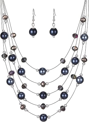 Crystal Beaded Statement Necklace for Women Boho Colorful Multi-Strand Necklace and Earring Sets for Women Fashion Jewelry Gifts for Mom