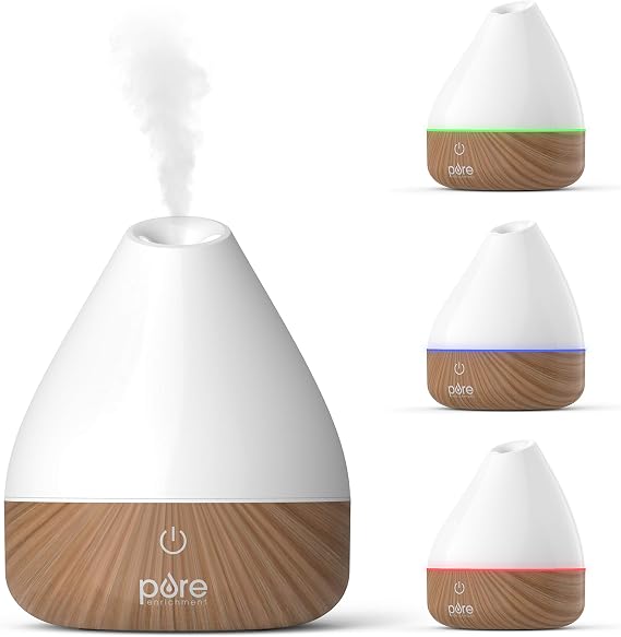 Pure Enrichment PureSpa Natural Aromatherapy Oil Diffuser (White) - Ultrasonic Air Deodorizer with 200ml Water Tank, Wood-Grain Accents, Soft Color-Changing Lights, and Auto Safety Shut-Off