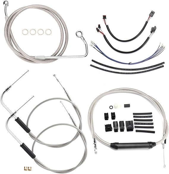 14" Ape Hanger Cable Extension Set for Harley Softail 2011-2015 ABS Brake Models, Taller Handlebar Extended Kit Brake Line Clutch Cable Throttle Cable CAN-Bus Wires Turn Signal Wire Harness, Silver