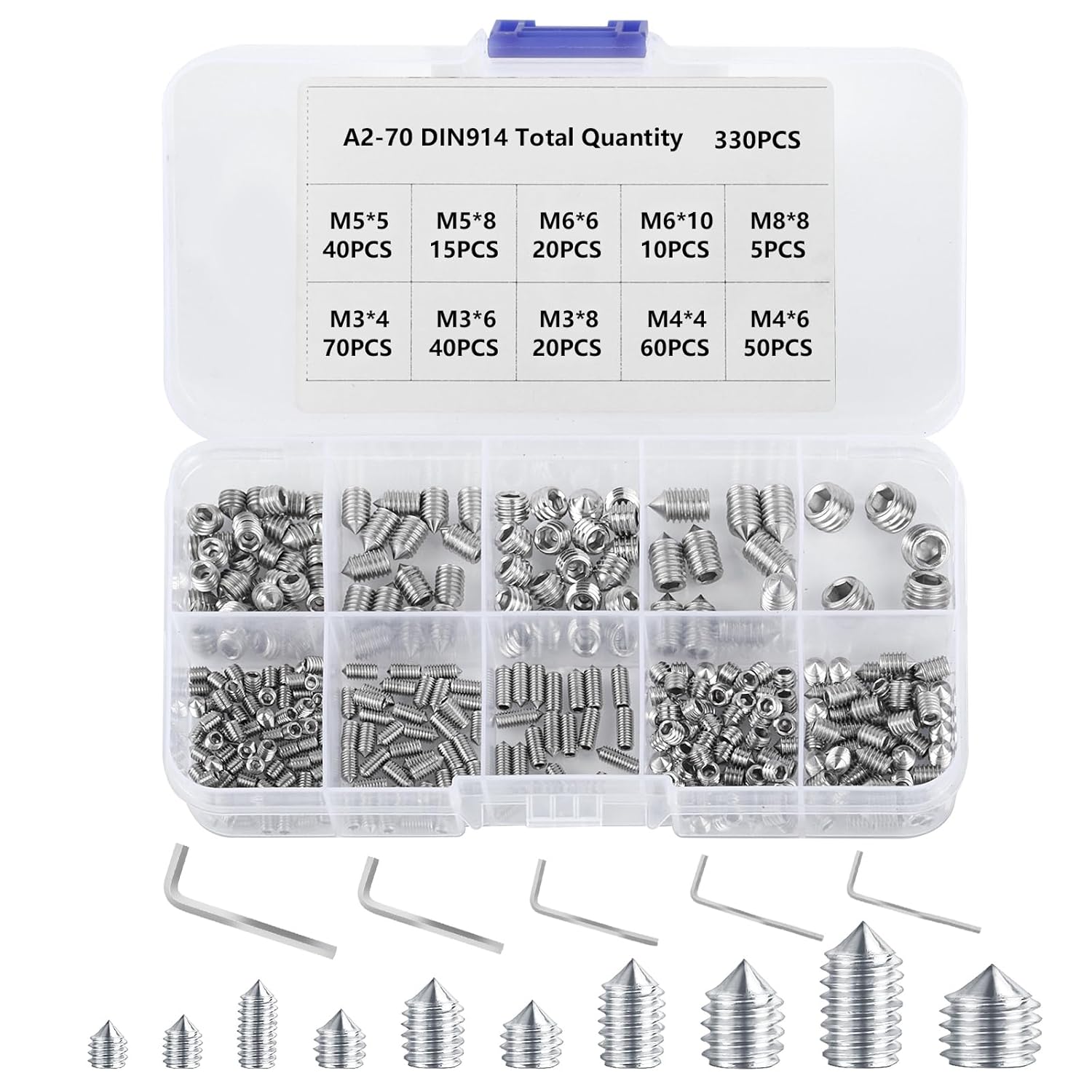 330 Pcs Cone Cup Point Grub Screws, M3/M4/M5/M6/M8 Hex Head Socket Screws Set Assorted, Mixed Stainless Steel Metric Threads with Internal Hex Drive for Door Handles, with 5 Pcs Allen Key