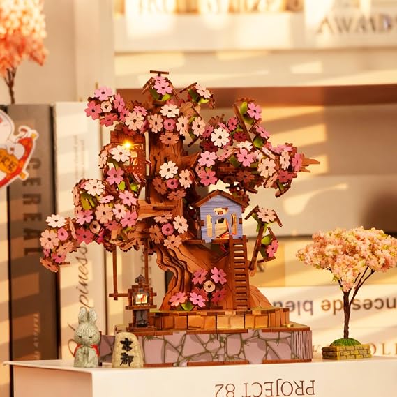 Sakura Tree House DIY Miniature House Kit for Adults, 564PCS 3D Wooden Puzzle with Light, Japanese Cherry Blossom Building Set, Wooden Craft Model Home Decor Gift