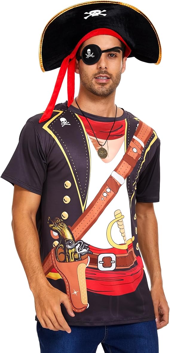Ibeauti Pirate Costume Mens Priate T-shirt Skull Hat Eye Patch Coin Necklace Funny Pirate Accessories Set for Halloween