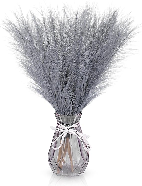 Pampas Grass, 6 PCS Faux Pompous Grass Fluffy Floral Bouquet for Home,Wedding Boho Decor (Grey)