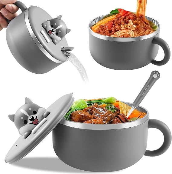 Generic 1.2L Ramen Bowl Cooker, 600g Max, Uncoated, Grey, With Lid, Includes Ramen Bowl Cooker, Spoon, Fork