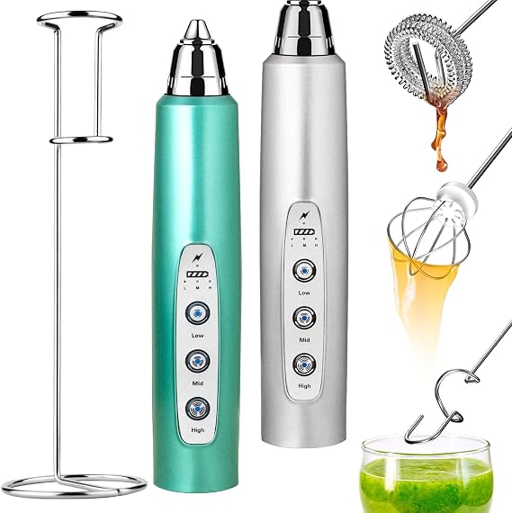 Silver+Green Milk Frother with Stand