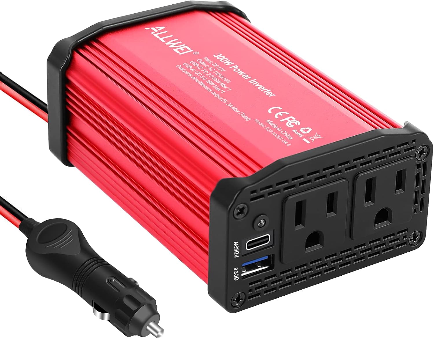 ALLWEI 300W Car Power Inverter with 65W USB-C and 3.0 USB Port - DC 12V to 110V AC Power inverters for Vehicles Converter Fast Charging Ports Car Charger Adapter Red