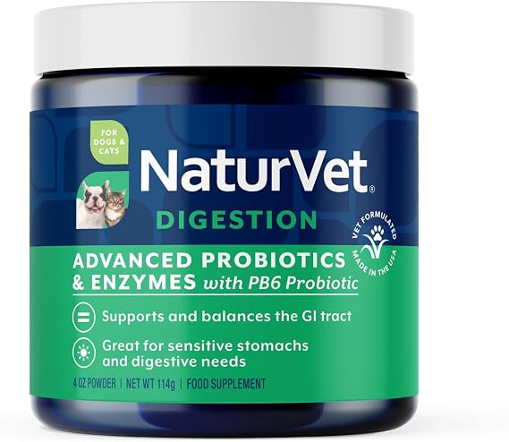 NaturVet Advanced Probiotics & Enzymes Supplement for Dogs & Cats - 4 oz | Vet Strength PB6 Probiotic - Supports & Balances the GI Tract for Sensitive Stomachs, Powder