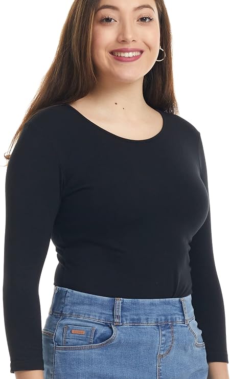 ESTEEZ Womens 3/4 Sleeve Wide Neck Layering T-Shirt Modest Cotton Stretch Fitted Base Layer Top