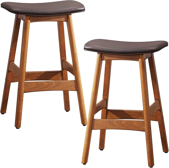 Homelegance Mid-Century Counter Height Stool, Set of 2, Solid Wood Frame, Faux Leather Upholstered Saddle Seat, Footrest, Modern Kitchen Island and Bar Seating, for Dining Room, Walnut/Matt Brown