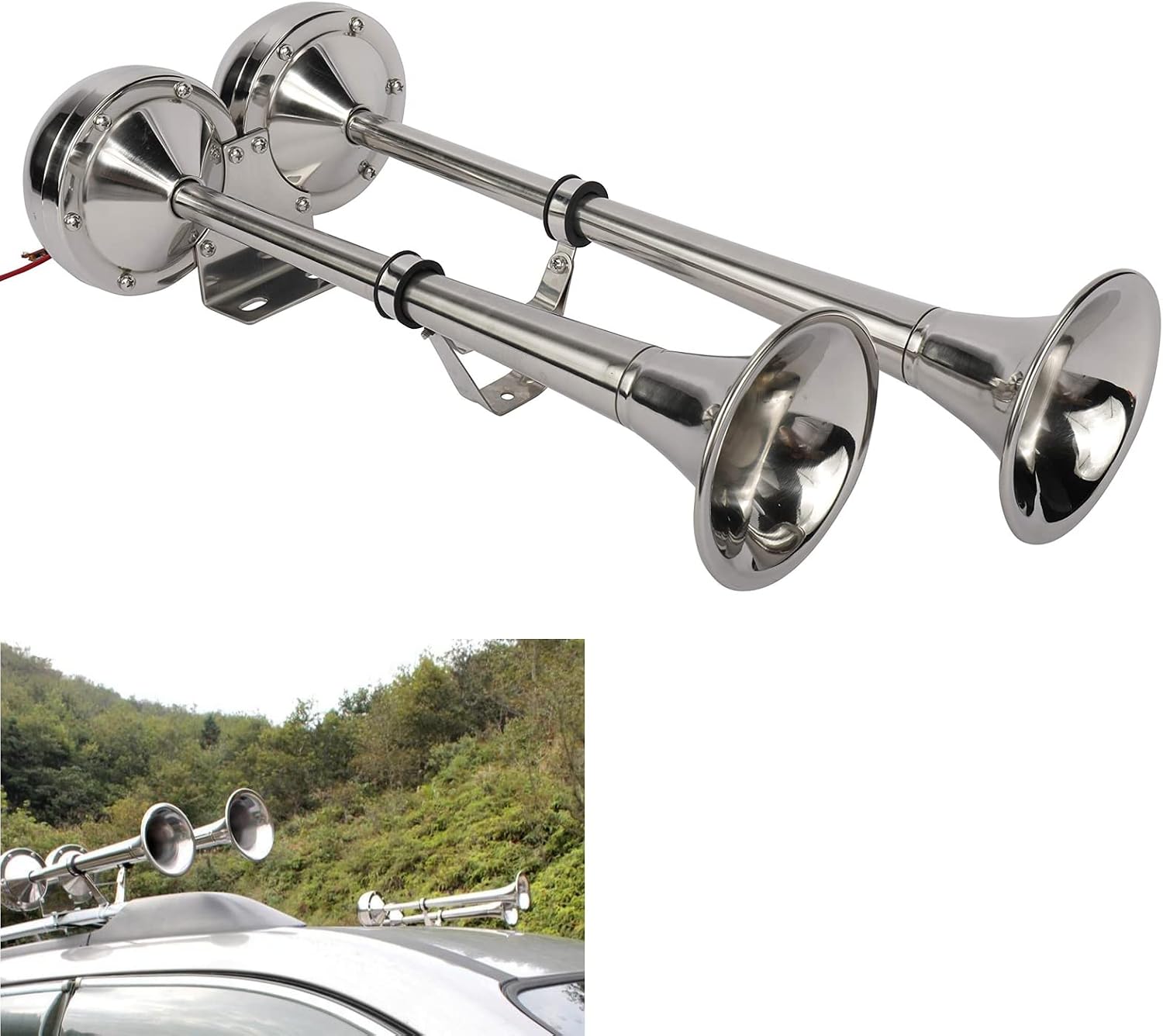 Dual Boat Horns 12V Marine Boat Trumpet Horn Polished Stainless Steel Marine Horn, Low and High Tone, with Stainless Steel Adjustable Trumpet Support