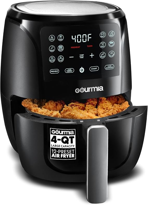 Gourmia Air Fryer - 4 Qt Capacity, FryForce360o, Digital Display with 8 Presets, Roast, Bake, Broil, Dehydrate, Dishwasher Safe Accessories, Compact, Black