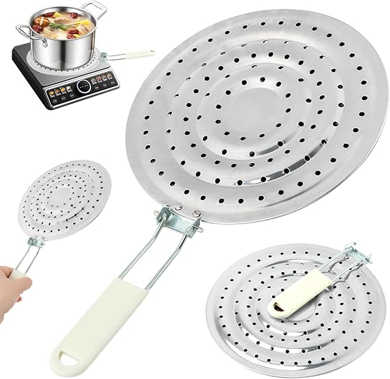 Gas Hob Heat Diffuser, Stainless Steel Double Thickening Flame Diffuser Cook Ring Heat-Diffuser with Handle Heat Spreader Plate for Gas Stove Cooktop Converter(COLOR:Sliver)
