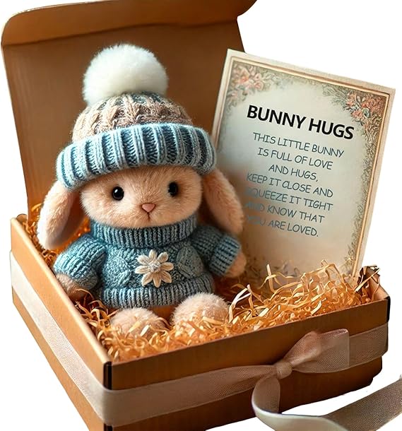 Easter Mini Cute Bunny Hug, Handmade Plush Pocket Hug Rabbit doll, Cute Emotional Support Positive crochet Bunny,Unique Gift For Kids Family Friend Loved Ones - Includes Box &amp; Card (Blue)