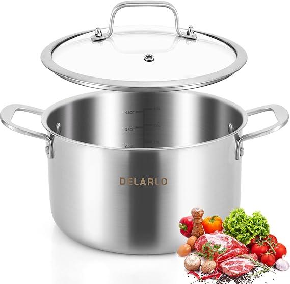 DELARLO Tri-Ply Stainless Steel Stock Pot, 5 Quart Stockpot with Lid, All Stoves Safe Up to 600F, Saving Fuel 20%, Heavy Duty, Soup Pot with lid, Kitchen Essentials, Fast Even Heat
