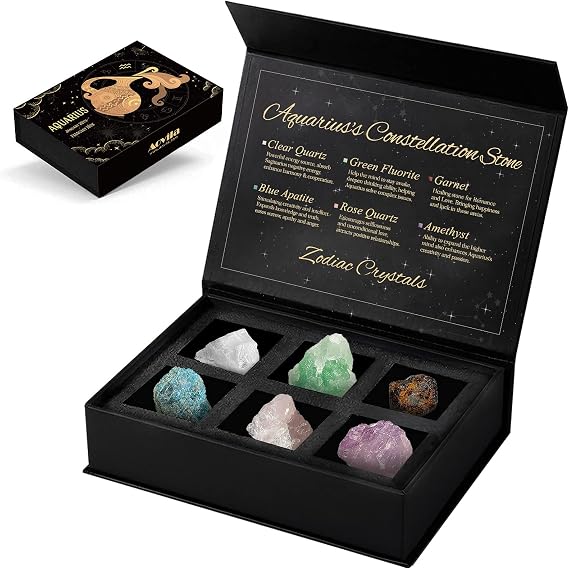 Aquarius Crystals Gift Set, Zodiac Signs Healing Crystals Birthstones with Horoscope Box Set Astrology Crystals Aquarius Healing Stones Gifts