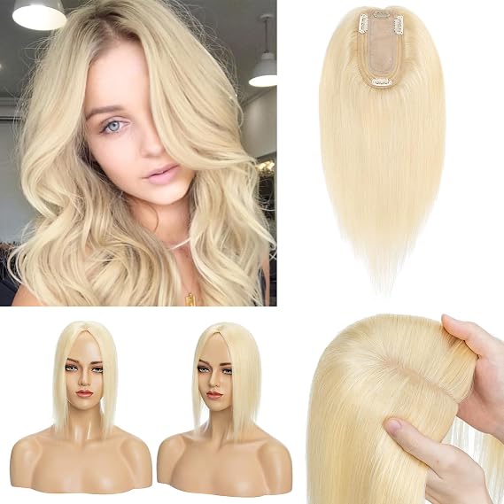 Human Hair Clip in Hair Toppers 6 Inch Straight Hair for Hair Loss Thin Hair Cover Gray Hair Ash Blonde #613