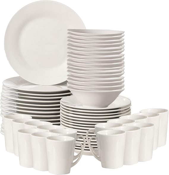 64 PC Rimmed Dinnerware Set for 16 Person | Mugs, Salad and Dinner Plates and Bowls Sets, Dishes with Highly Chip and Crack Resistant, Dishwasher and Microwave Safe, White