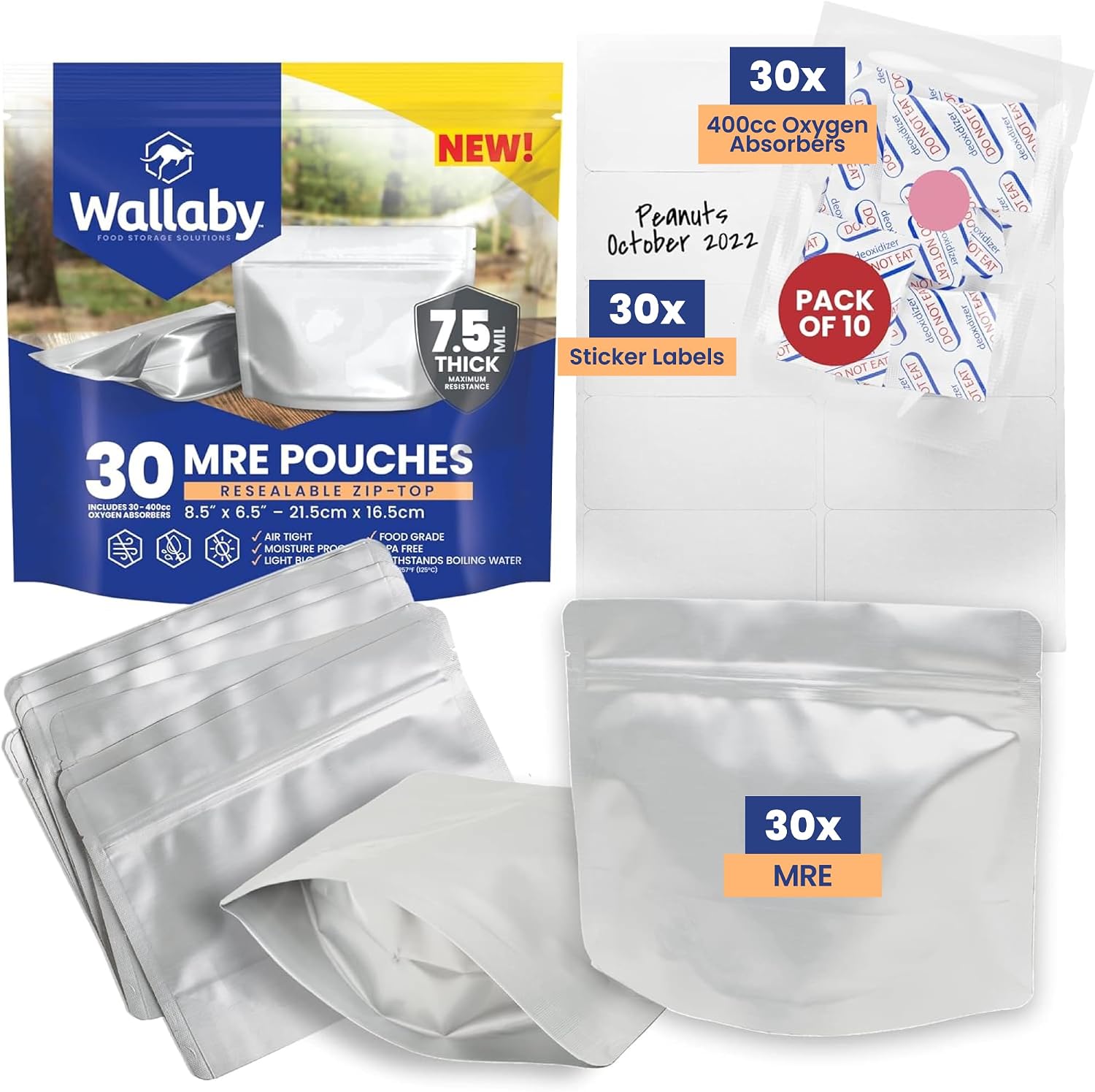 Wallaby Pacchetto MRE Mylar Bag -30x buste con cerniera stand-up, 30x assorbitori di osigeno da 400cc - Argento Argento standard Confezione da 30