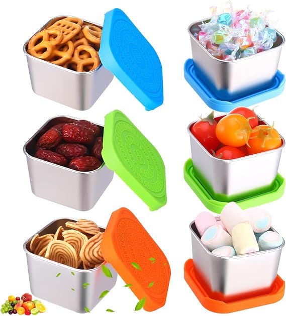 saerryor 6 Pcs Snack Pots, 180ml Stainless Steel Food Containers with Lids | Portable Kids Snack Box Leakproof Reusable Small Bento Box for School Work Travel
