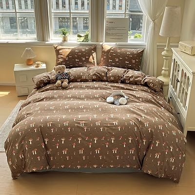 Mengersi Mushroom Print Duvet Cover Sets King Size Seersucker Print Bedding Sets Reversible Comforter Cover with Zipper Closure Ties