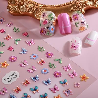 Flower Butterfly Nail Art Stickers Decals 3D Self-Adhesive Butterfly Flower Nail Stickers Design Pegatinas Unas for Nail Art Manicure Tips Decoration