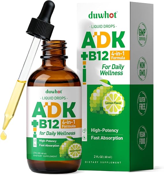 duwhot ADK + Vitamin B12 Liquid Drops, 2 Fl Oz | High Potency Vitamin A D3 K2 5000 IU / 10000 IU, B12 1000 mcg Supplement for Adults, Bone, Calcium Absorption
